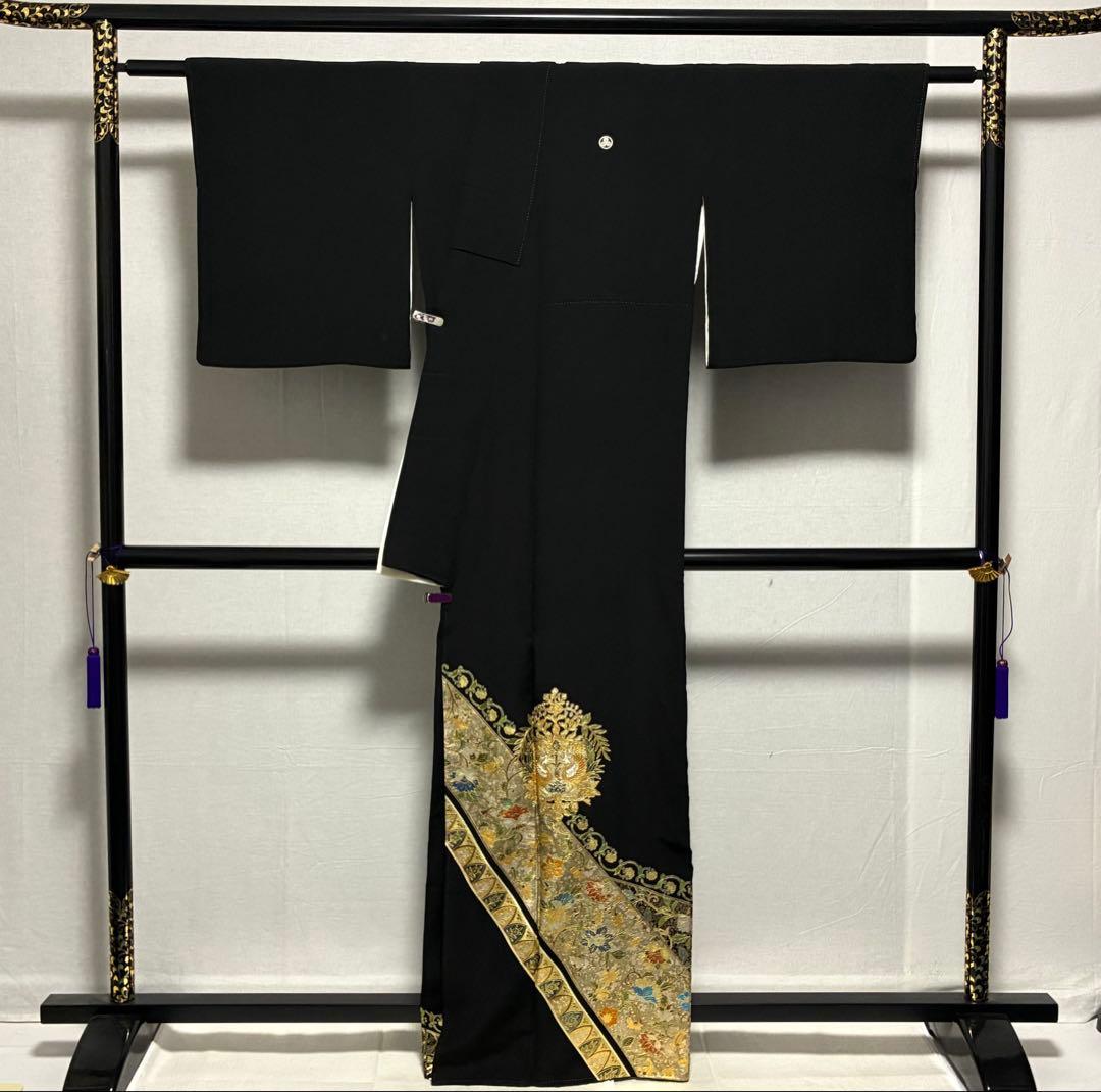 D7 黒留袖 鳳凰 唐草 金箔 正絹 着物 袷 極美品