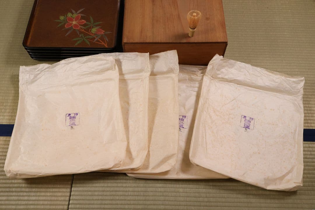 輪島塗 木製 花の蒔絵 梨地 四方膳 五客 芙蓉 木槿 卓上 茶懐石【CM187