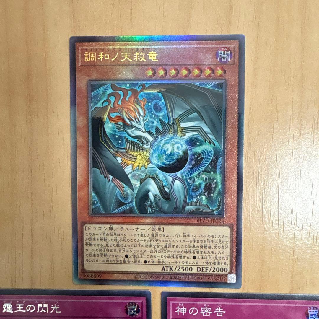 遊戯王　調和ノ天救竜レリーフ　霆王の閃光シークレット　神の密告スーパー　計3枚