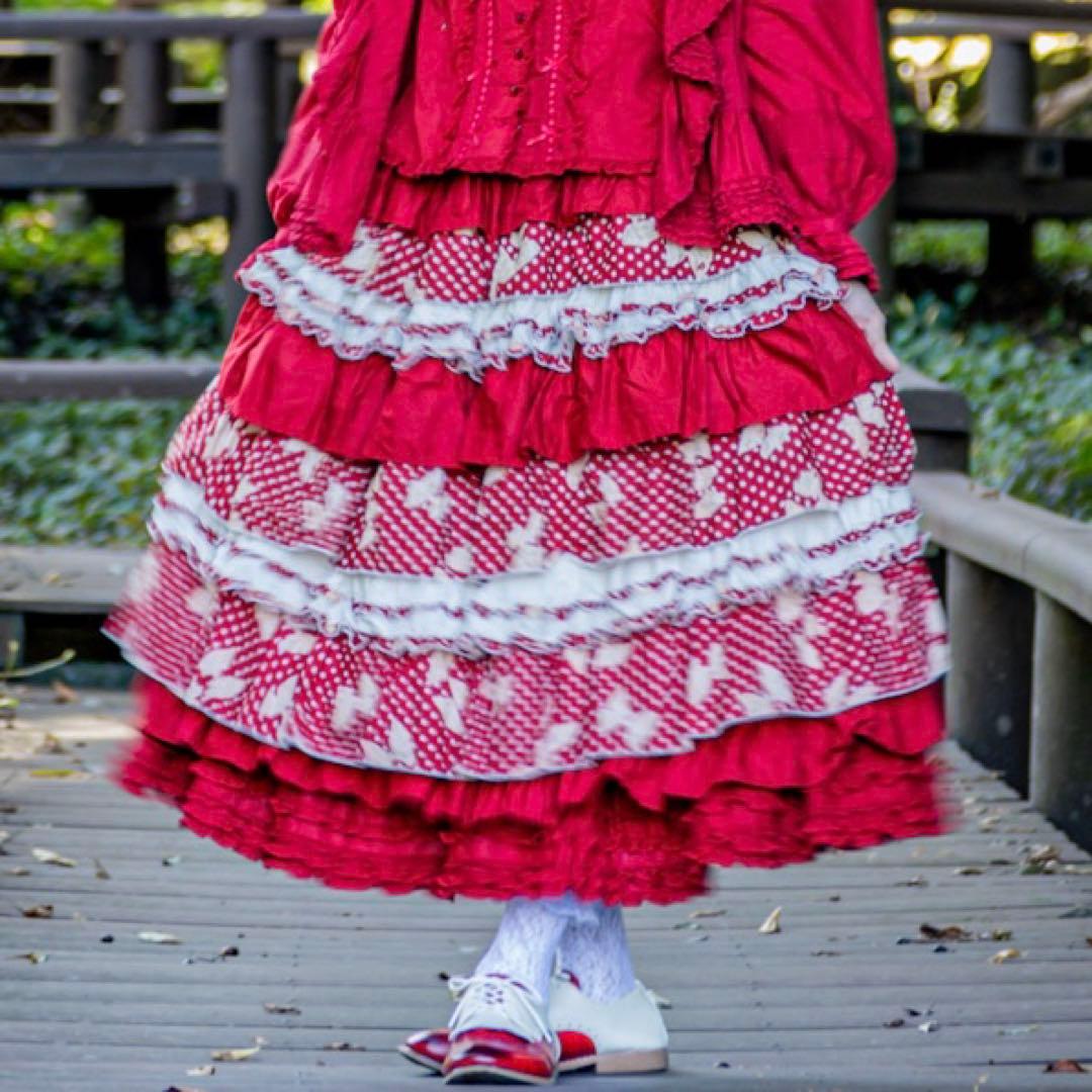 水玉りぼんプリントパッチワークスカート