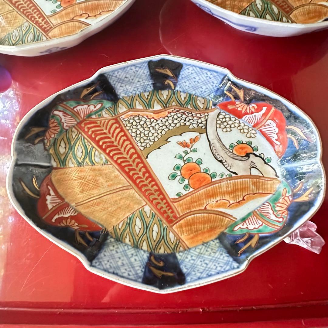 S様へ感謝お嫁入り‼️四季に麗し‼️伊万里錦手若松＆橙＆ふきよせ　兜菱形刺身皿 5客