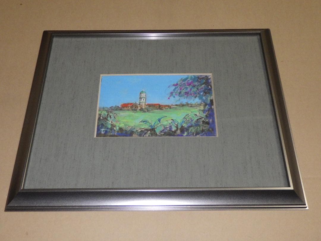 真作 希少 水彩画 肉筆 古田十郎 教会 共シール 青山学院 1983年 額装