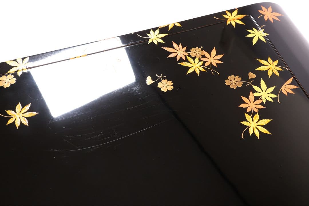 漆芸 紅葉桜 波千鳥 蒔絵 巻足 平卓 花台 黒塗 梨地 木製 楓【MA939】