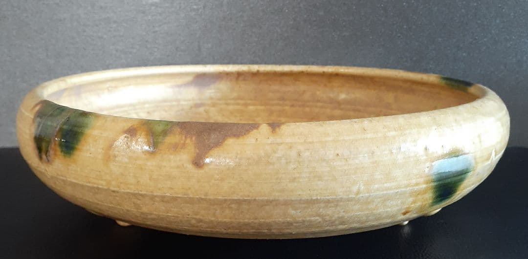 瀬戸焼　景正25世　【加藤昨助】造　黄瀬戸　水盤　共箱　花生け　盆景　盆栽