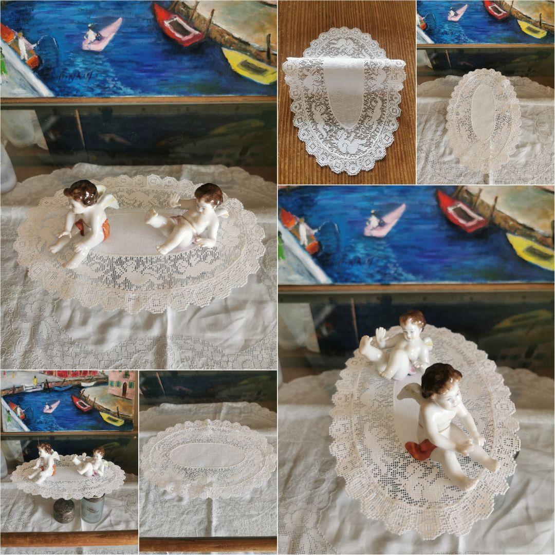 アンティーク イタリア 草花の中で遊ぶ子供の天使のフィレレース オーバルドイリー