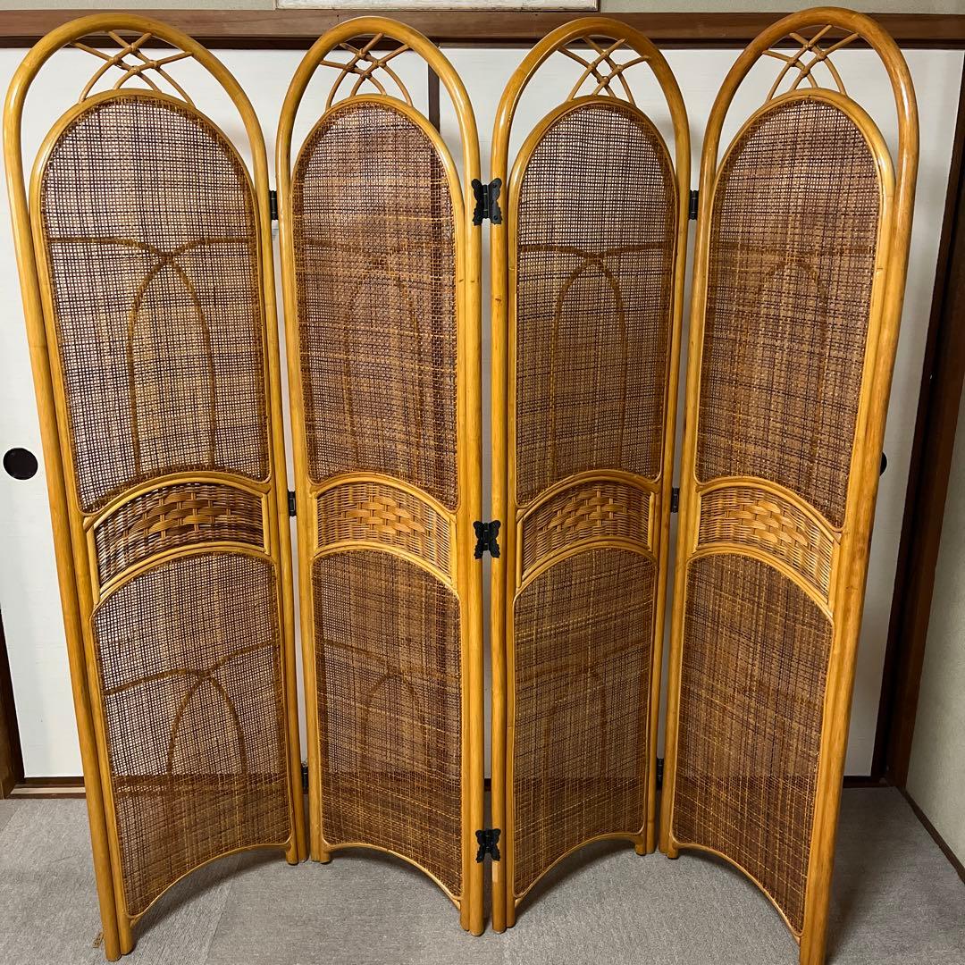 ラタン 4連 パーテーション 衝立 間仕切り ヴィンテージ 昭和レトロ