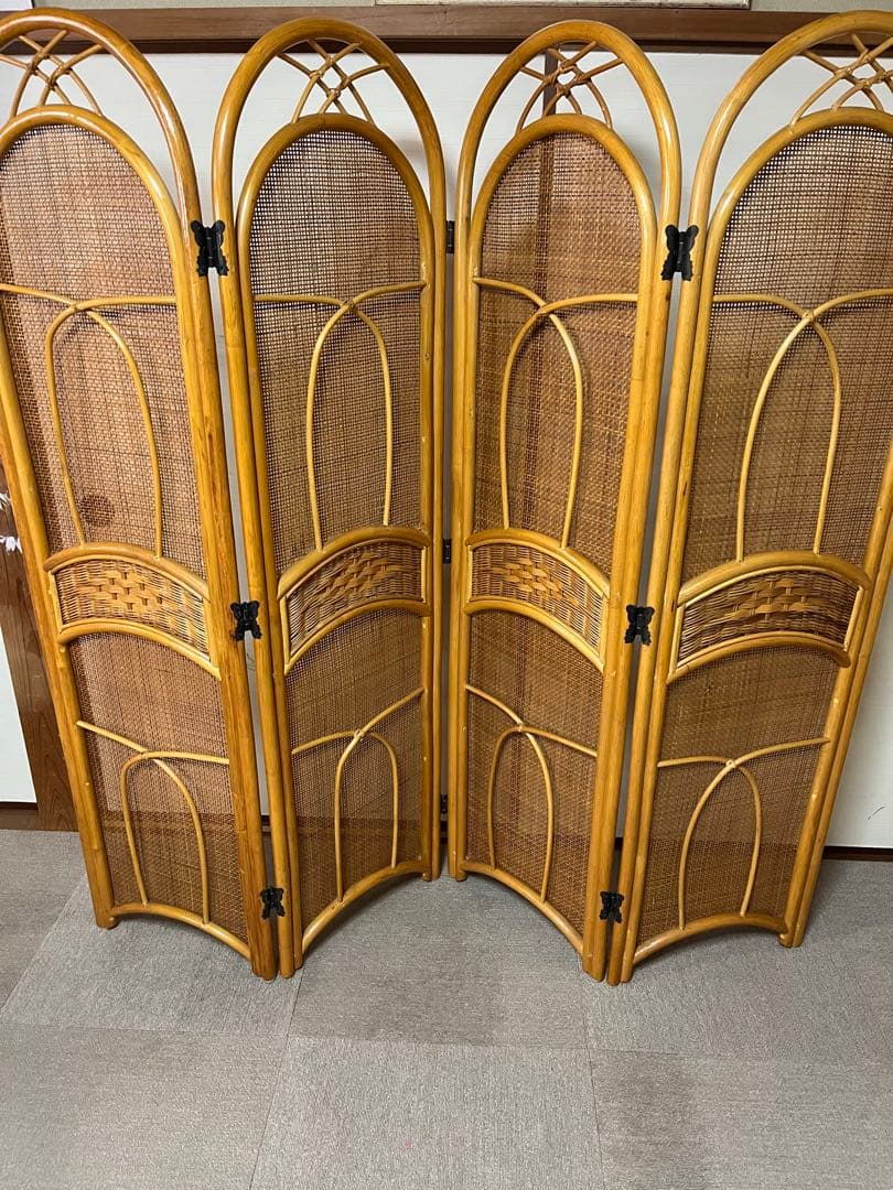 ラタン 4連 パーテーション 衝立 間仕切り ヴィンテージ 昭和レトロ