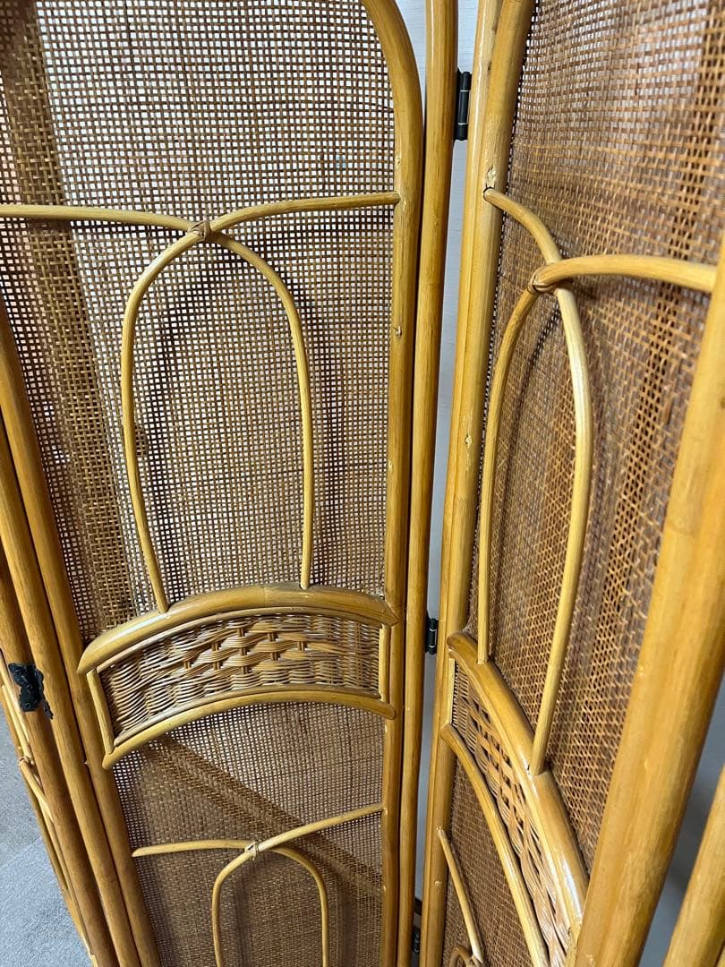 ラタン 4連 パーテーション 衝立 間仕切り ヴィンテージ 昭和レトロ