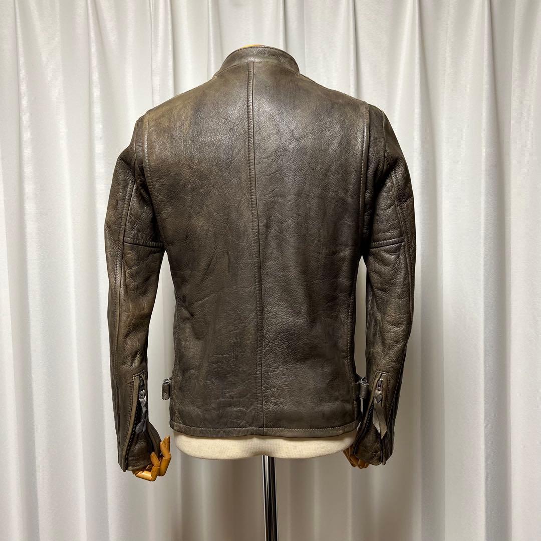 Schottクラッシックレーサー　シングルライダース　カーキ　袖白2本線　牛革S