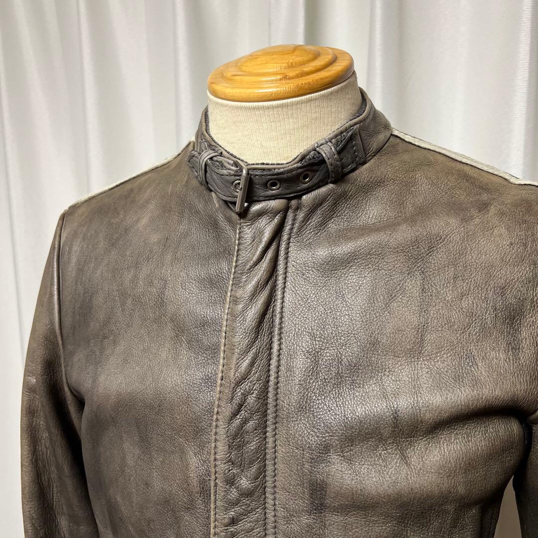 Schottクラッシックレーサー　シングルライダース　カーキ　袖白2本線　牛革S