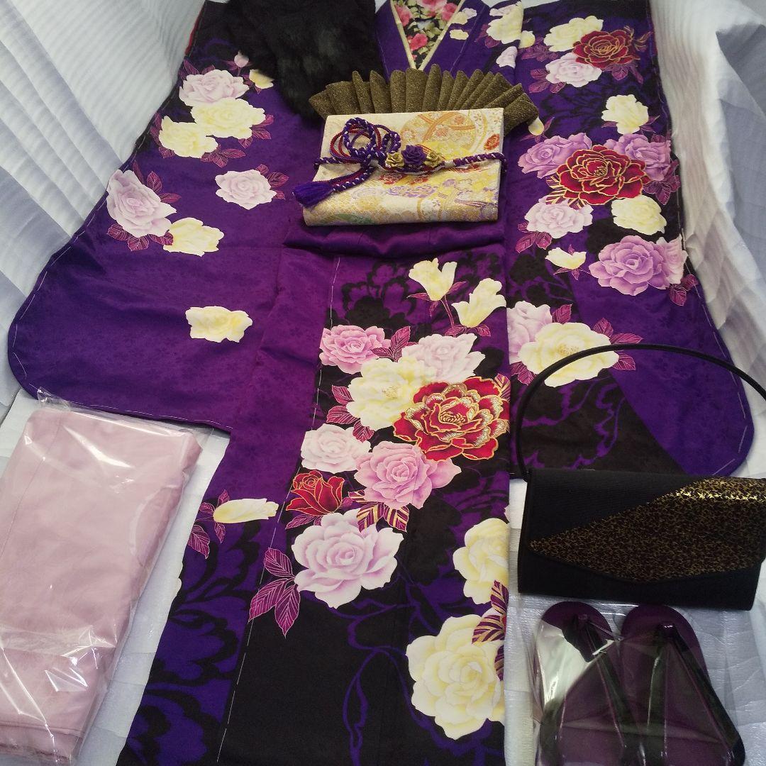 まいちー 紫黒薔薇正絹振袖一式フルセット袋帯帯締め帯揚げ 半襟重ね襟成人式