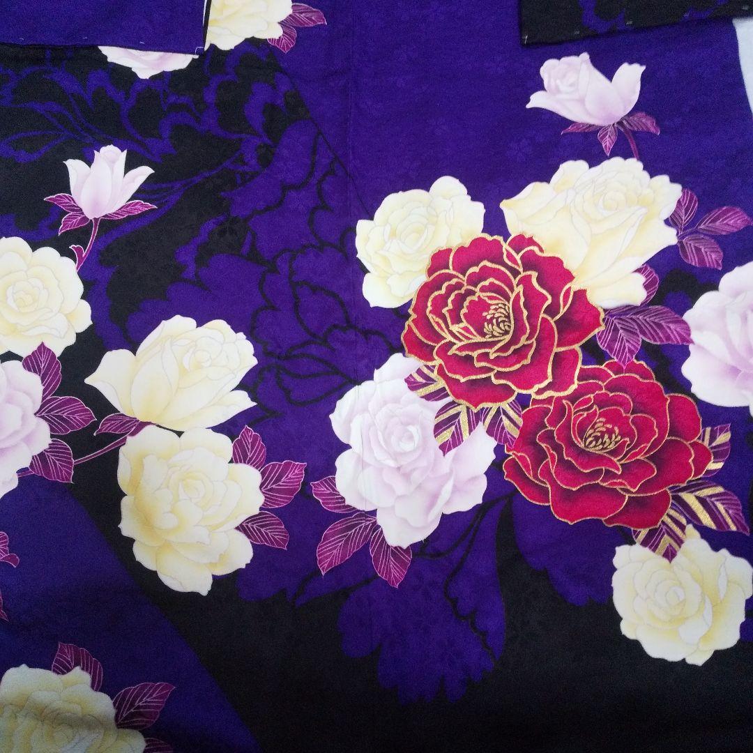 まいちー 紫黒薔薇正絹振袖一式フルセット袋帯帯締め帯揚げ 半襟重ね襟成人式