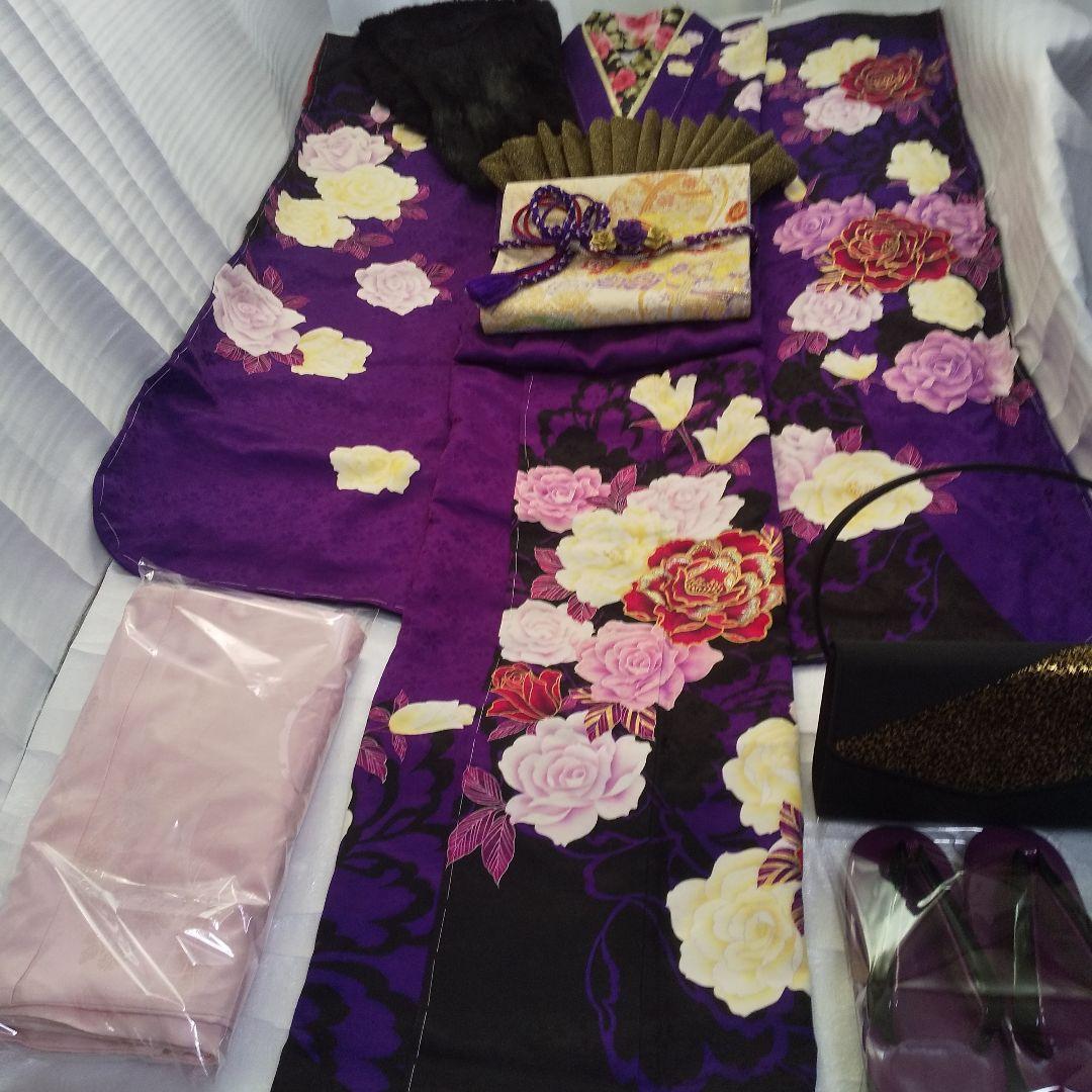 まいちー 紫黒薔薇正絹振袖一式フルセット袋帯帯締め帯揚げ 半襟重ね襟成人式