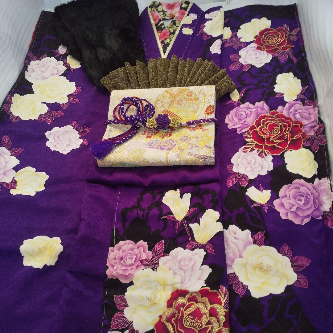 まいちー 紫黒薔薇正絹振袖一式フルセット袋帯帯締め帯揚げ 半襟重ね襟成人式