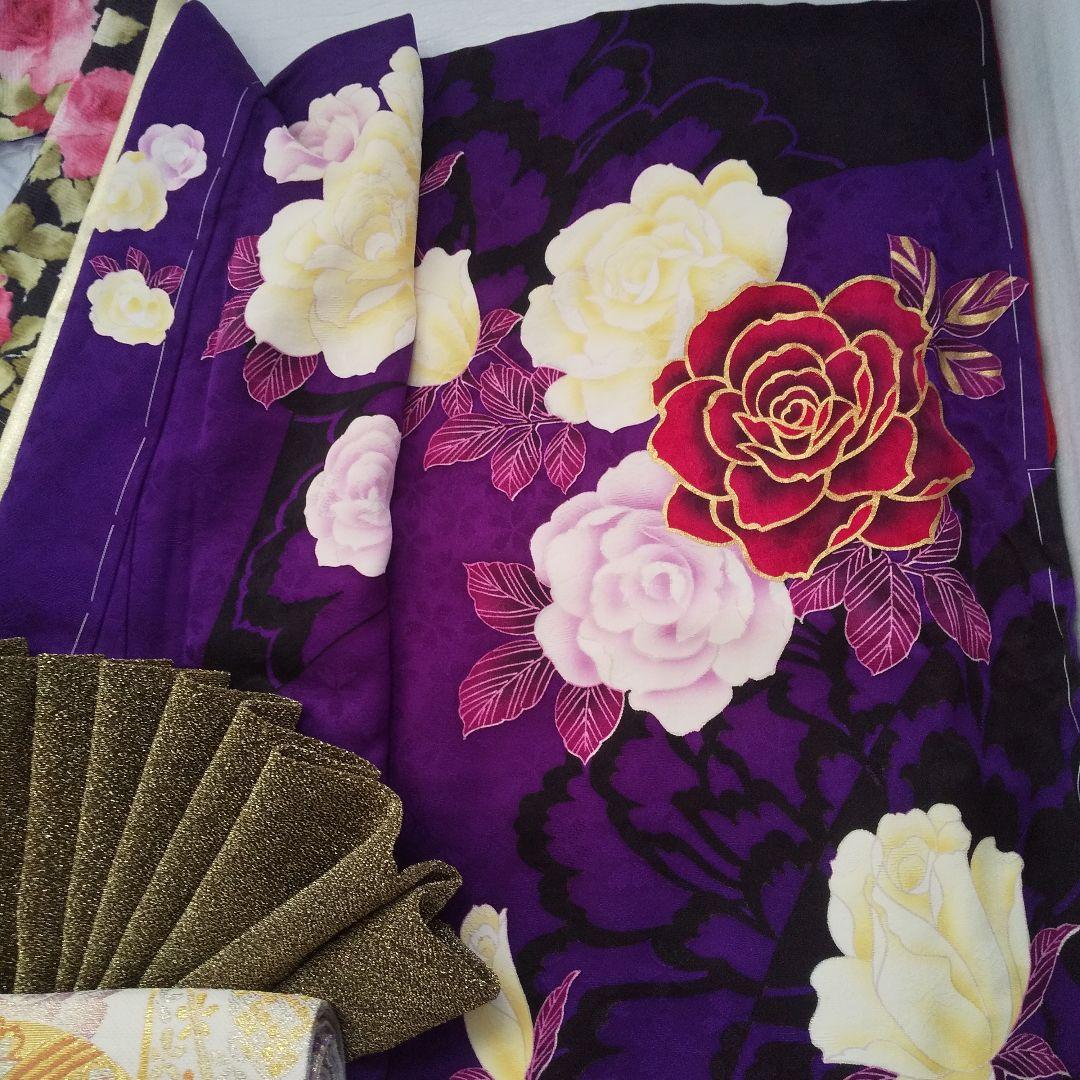 まいちー 紫黒薔薇正絹振袖一式フルセット袋帯帯締め帯揚げ 半襟重ね襟成人式