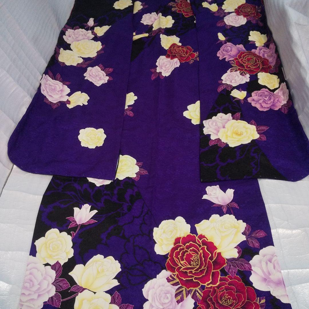 まいちー 紫黒薔薇正絹振袖一式フルセット袋帯帯締め帯揚げ 半襟重ね襟成人式