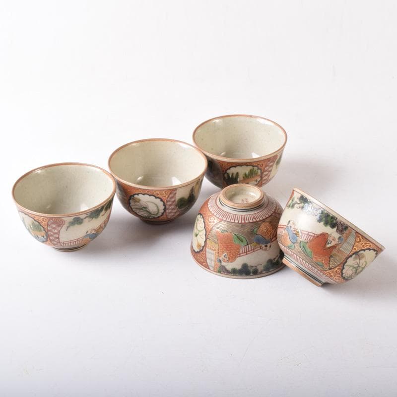 九谷焼　古九谷　九谷庄三造　赤絵金彩　山水楼閣人物文　煎茶碗　五客　C　8269