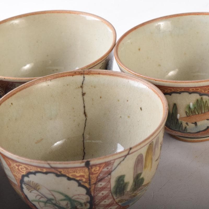 九谷焼　古九谷　九谷庄三造　赤絵金彩　山水楼閣人物文　煎茶碗　五客　C　8269