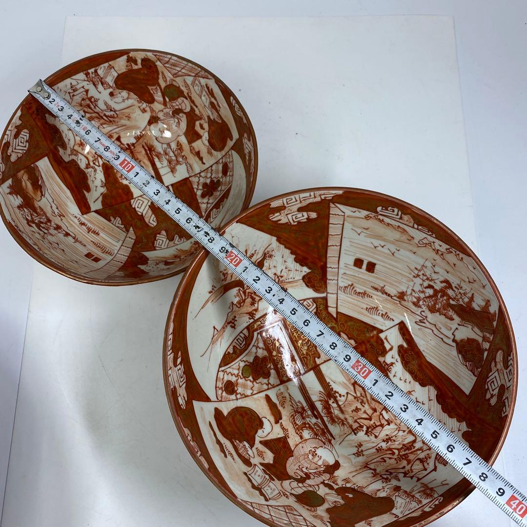 明治初期　九谷焼赤絵三ツ鉢　木箱付　東Y7-0404②トヒチサ