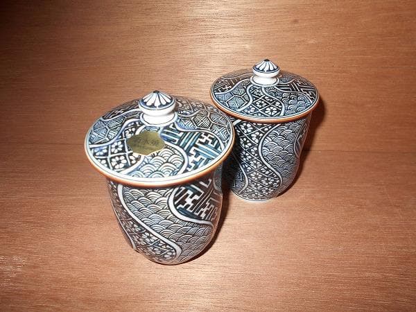 京焼　清水焼　捻彫小紋　湯呑　平安　光泉　:　夫婦湯呑　組湯呑　蓋付湯呑