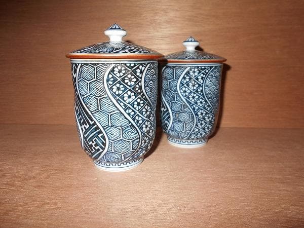 京焼　清水焼　捻彫小紋　湯呑　平安　光泉　:　夫婦湯呑　組湯呑　蓋付湯呑