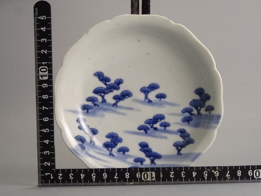 江戸時代　前期　古伊万里　藍九谷様式　染付　松林文　輪花形　皿　5客　銘々皿