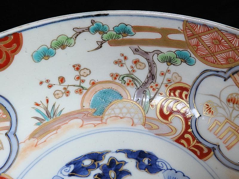 古伊万里　色絵 　窓絵　双葉葵に源氏香　竹垣に松の図　深鉢　D286AS-CEp