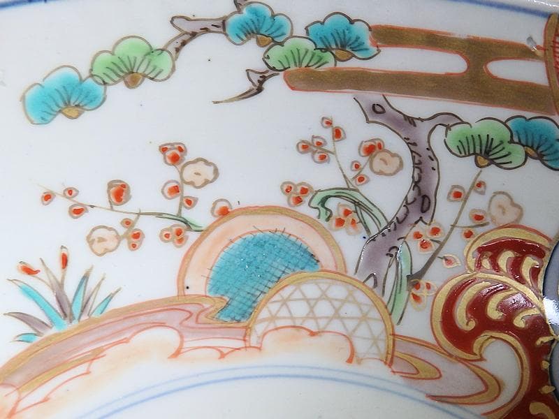 古伊万里　色絵 　窓絵　双葉葵に源氏香　竹垣に松の図　深鉢　D286AS-CEp