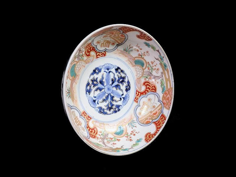 古伊万里　色絵 　窓絵　双葉葵に源氏香　竹垣に松の図　深鉢　D286AS-CEp