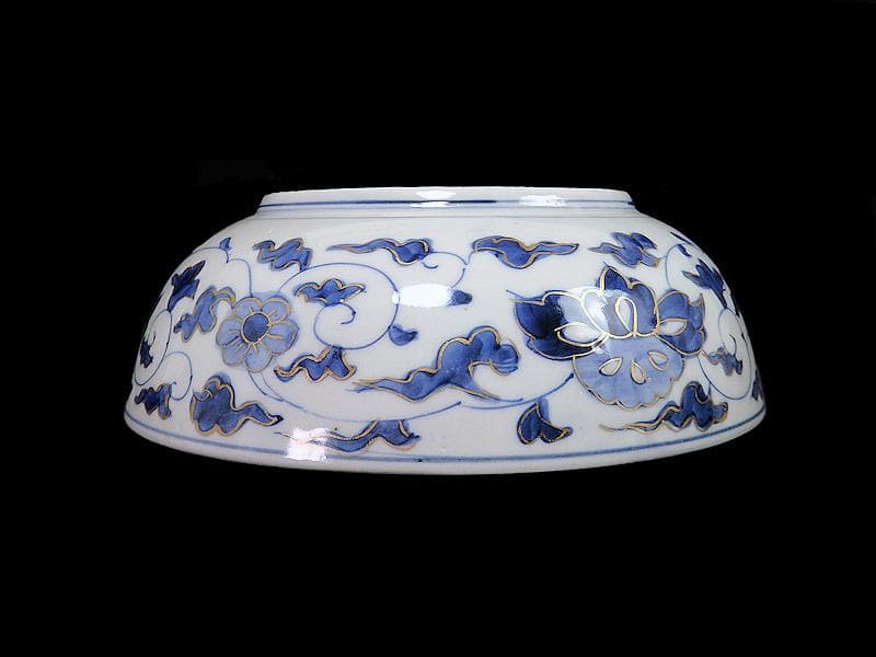 古伊万里　色絵 　窓絵　双葉葵に源氏香　竹垣に松の図　深鉢　D286AS-CEp