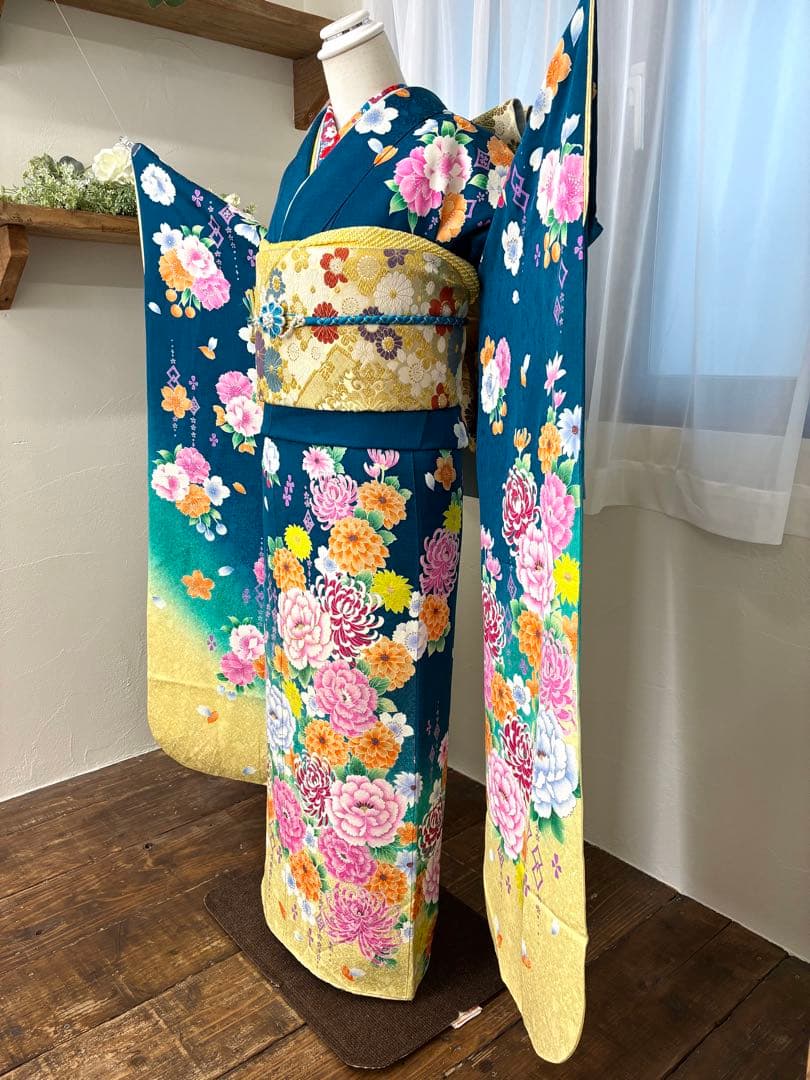 成人式　振袖フルセット　1138 渋み青色　　正絹　振袖　格安！