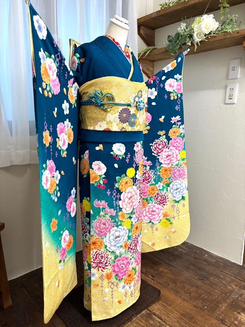 成人式　振袖フルセット　1138 渋み青色　　正絹　振袖　格安！