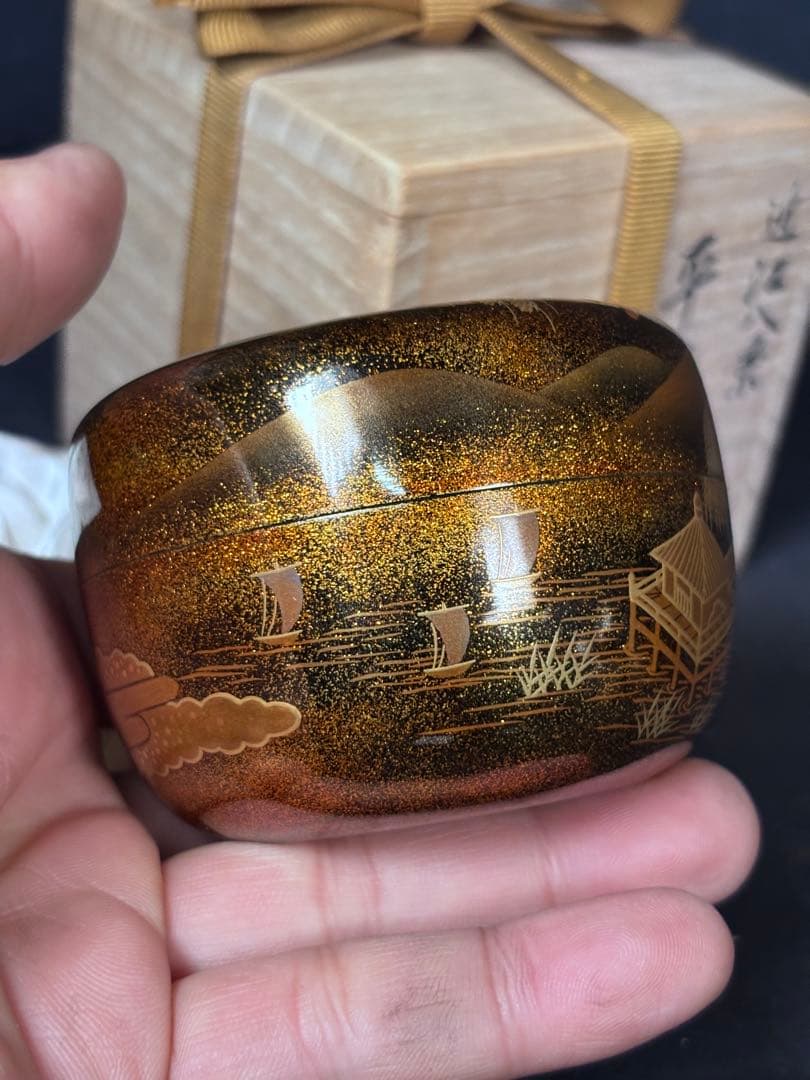 送料無料　近江八景　平棗　金蒔絵　輪島塗　名工　福久清一　在銘　蒔絵　漆器茶道具