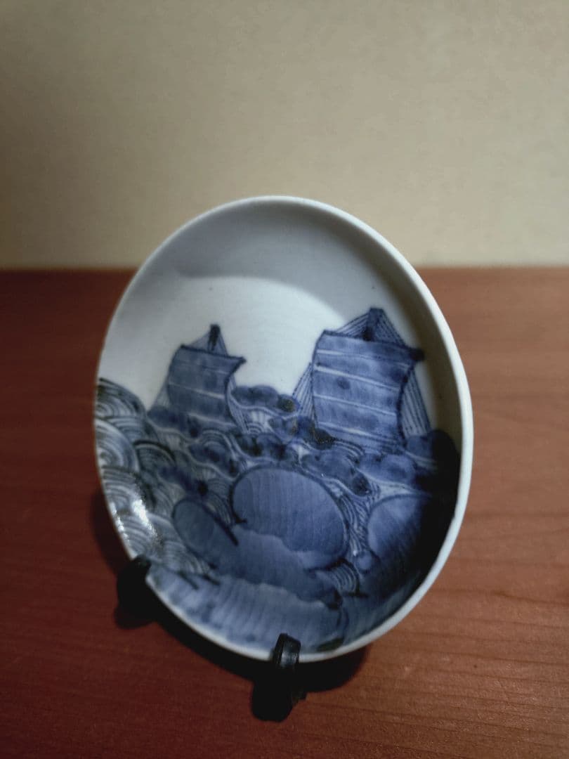 古伊万里 染付 青海波 帆船紋 豆皿 手塩皿