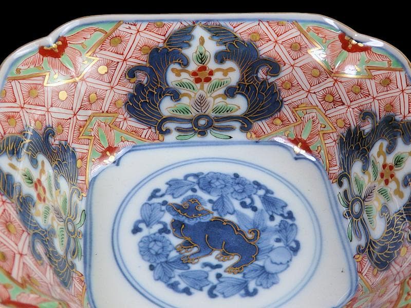 大聖寺古伊万里　菊花四方襷紋に獅子の図　四方角向付　E508AS-CRw