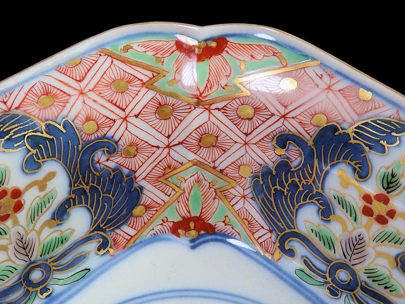 大聖寺古伊万里　菊花四方襷紋に獅子の図　四方角向付　E508AS-CRw