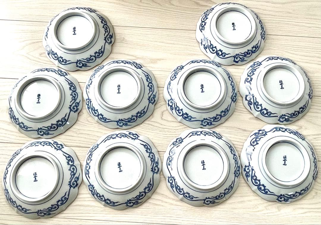 源右衛門 染錦草花文 和菓子皿 是米木窯 10客　染付　共箱