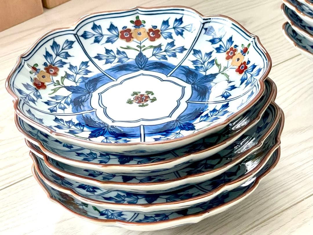 源右衛門 染錦草花文 和菓子皿 是米木窯 10客　染付　共箱