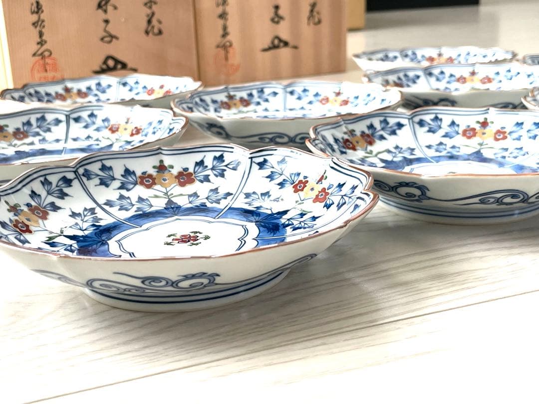 源右衛門 染錦草花文 和菓子皿 是米木窯 10客　染付　共箱