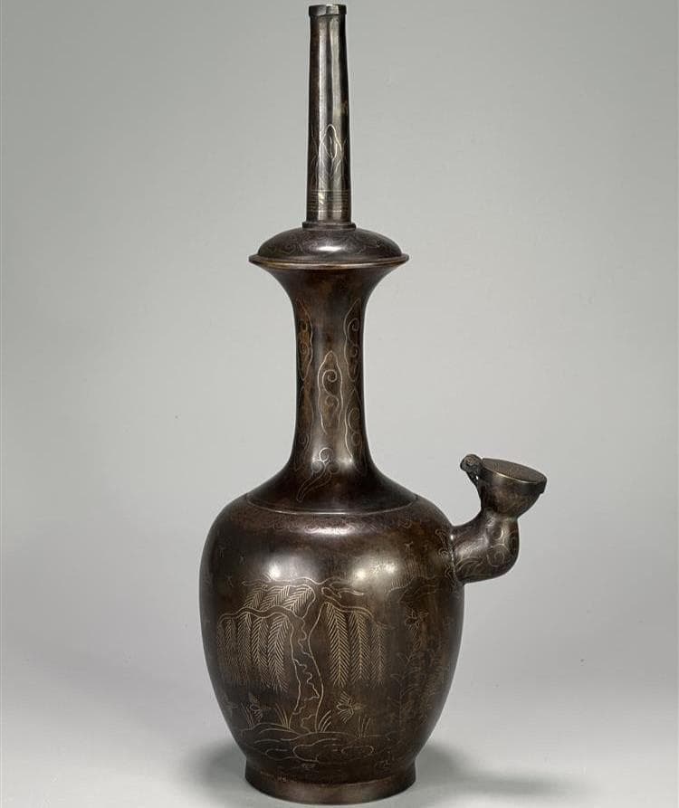 ◆『高麗金銅銀象嵌蒲柳水鳥紋浄瓶』 水瓶◆検）新羅仏 百済仏 高麗仏 仏像