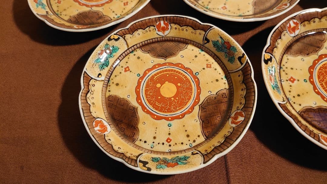 古九谷　九谷焼　青九谷　吉田屋　豆皿　蔵出し　輪華皿　華の図　５種　５客