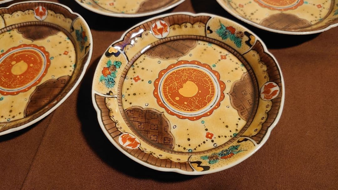 古九谷　九谷焼　青九谷　吉田屋　豆皿　蔵出し　輪華皿　華の図　５種　５客