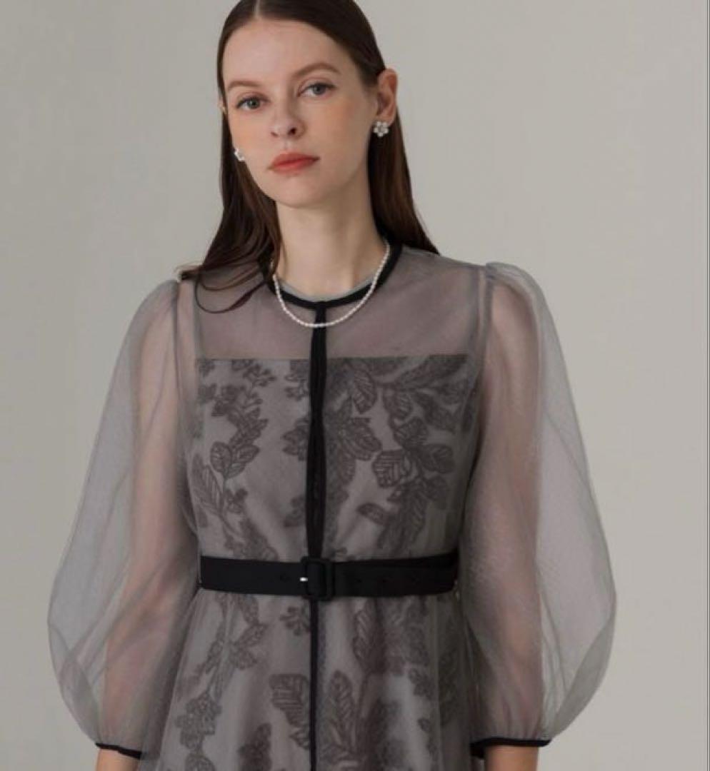 (*中様 【LEJA】チュールパイピングリーフベルトAラインドレスワンピース 2