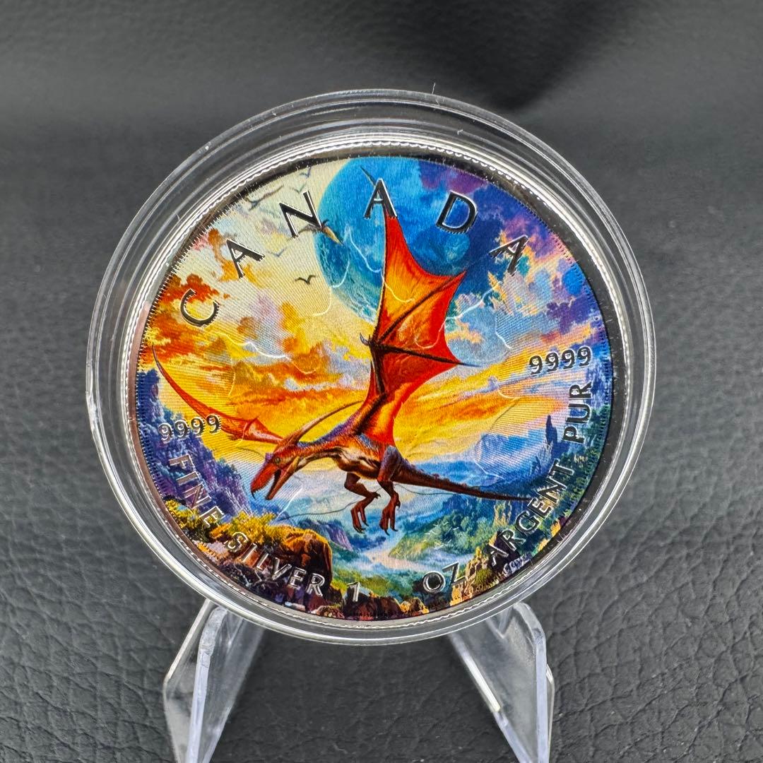 100枚限定！ メイプルリーフ 銀貨 カラー 翼竜 プテラノドン 恐竜 1オンス