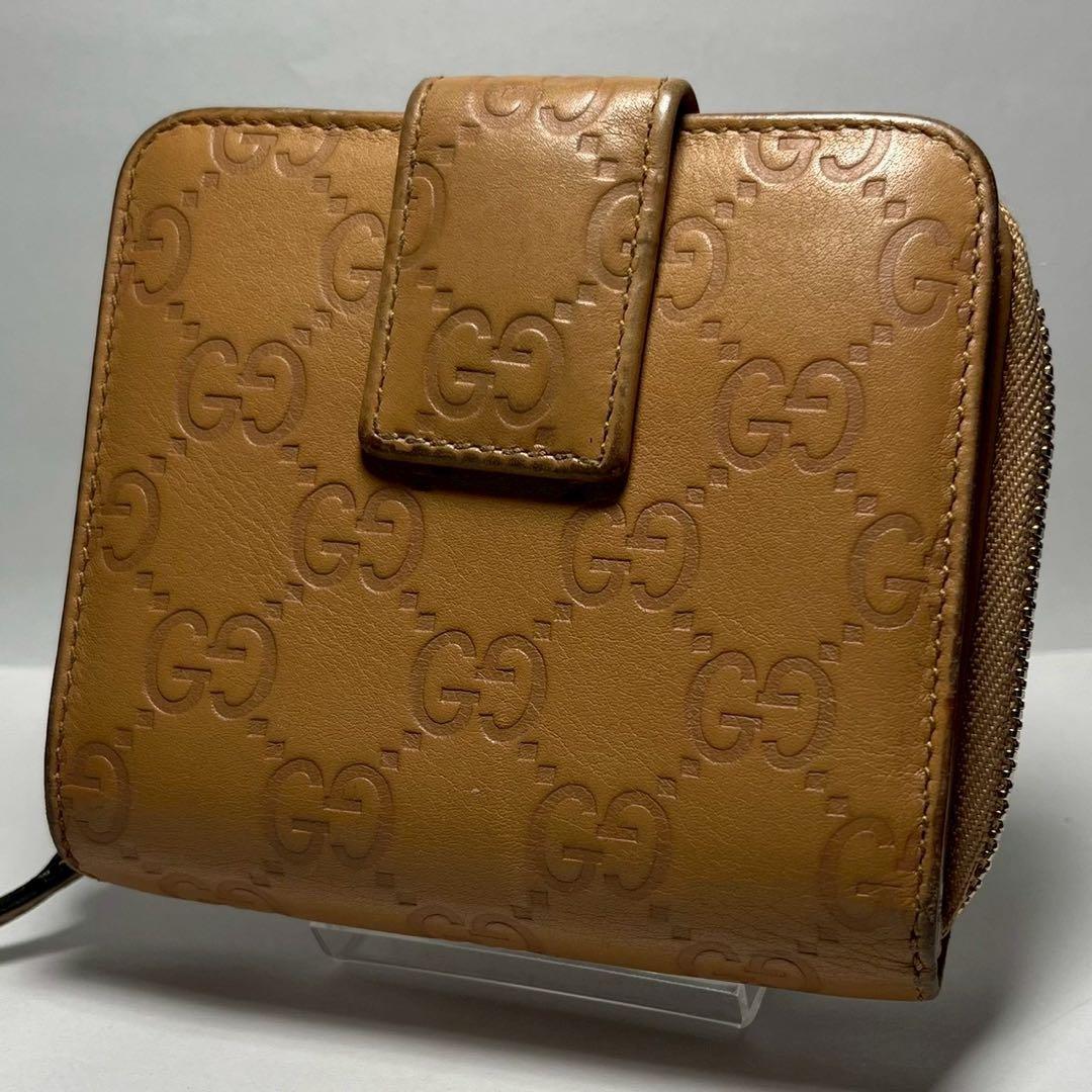 GUCCI グッチ シマ GG柄 二つ折り財布 ラウンドファスナー ブラウン