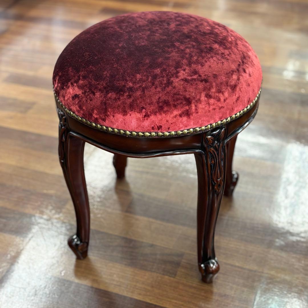 マホガニーアンティーク調 クラシックスタイル 赤ベルベット スツール 腰掛け椅子
