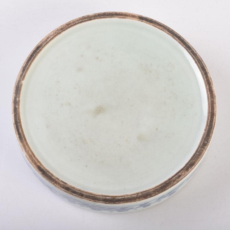 中国　書道具　青花　山水文　円式陶硯　V　8477