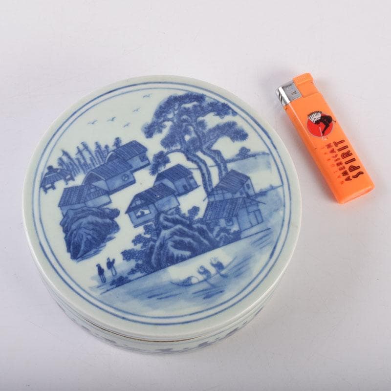 中国　書道具　青花　山水文　円式陶硯　V　8477