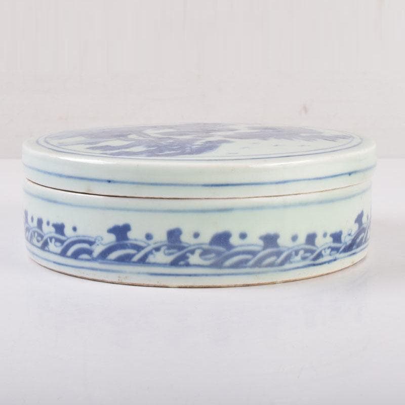 中国　書道具　青花　山水文　円式陶硯　V　8477