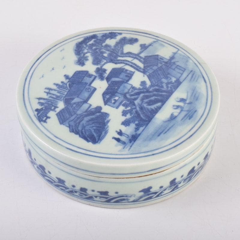 中国　書道具　青花　山水文　円式陶硯　V　8477